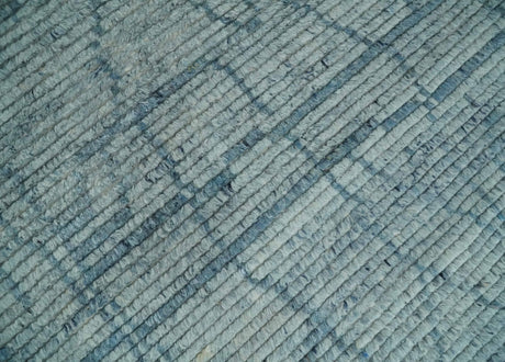 Hand Knotted Silver and Blue Modern Trellis Moroccan Blended Wool Rug