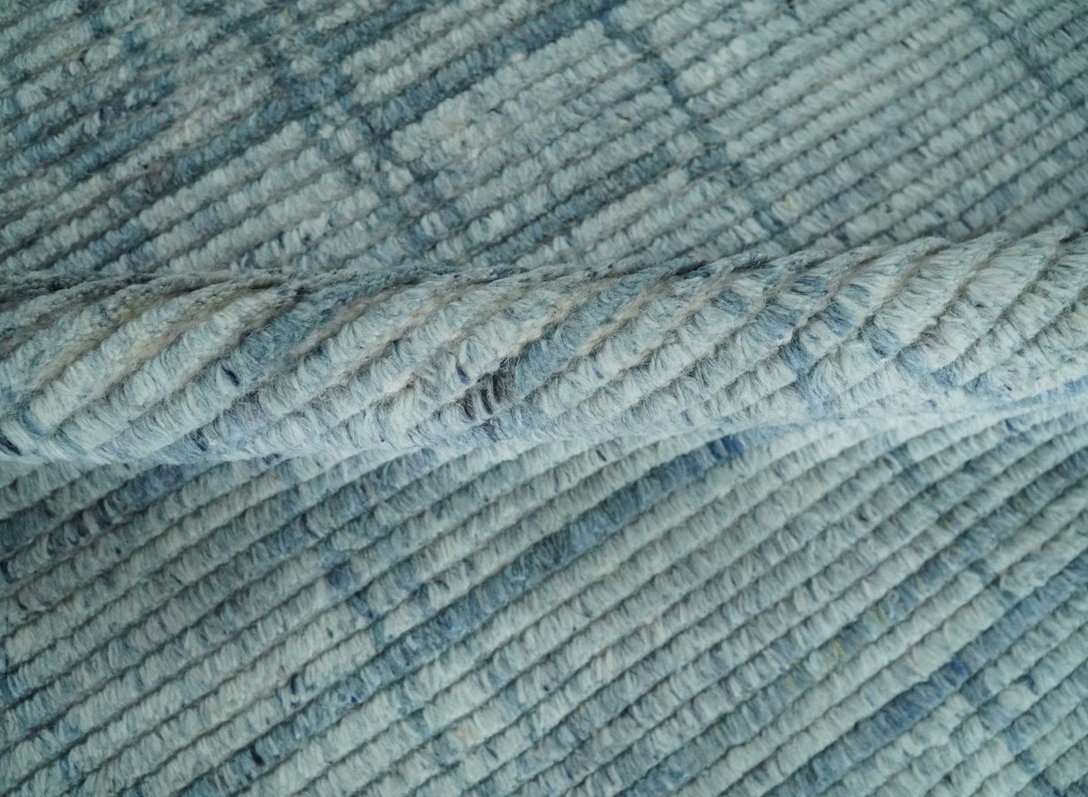 Hand Knotted Silver and Blue Modern Trellis Moroccan Blended Wool Rug