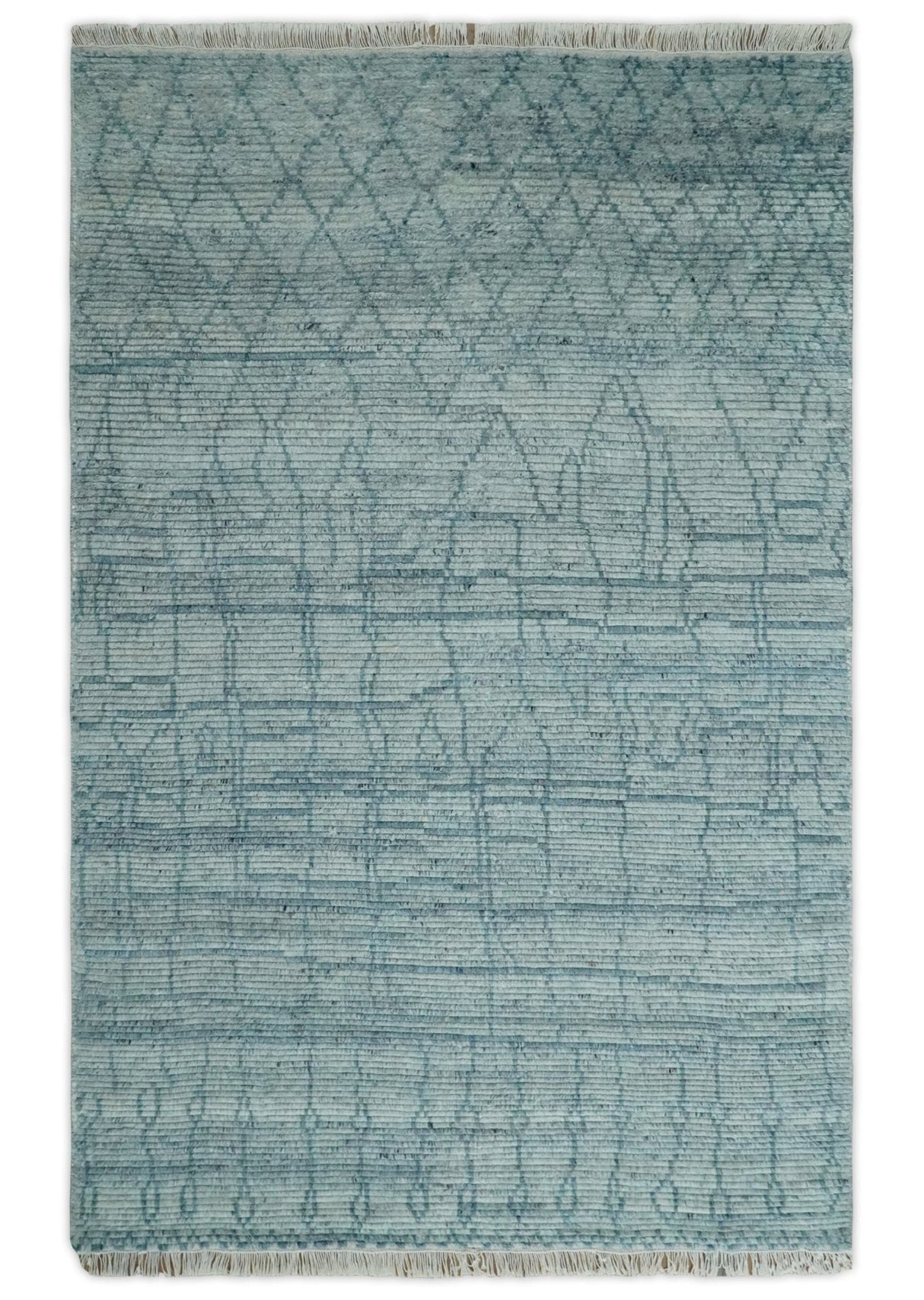Hand Knotted Silver and Blue Modern Trellis Moroccan Blended Wool Rug
