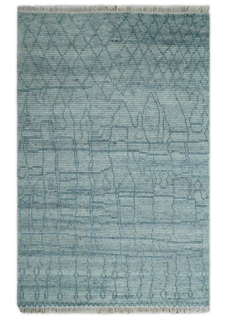 Hand Knotted Silver and Blue Modern Trellis Moroccan Blended Wool Rug