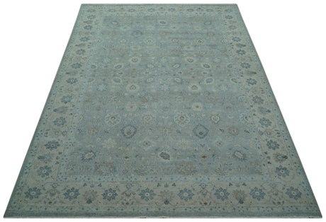 Hand Knotted Silver And Blue Traditional Distressed 10x14 Wool Area Rug