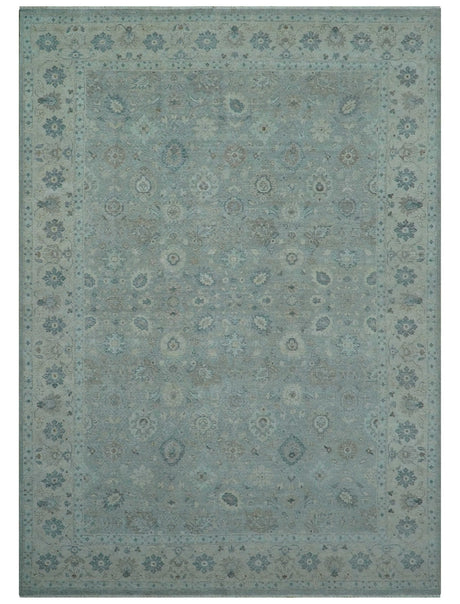 Hand Knotted Silver And Blue Traditional Distressed 10x14 Wool Area Rug