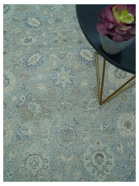 Hand Knotted Silver And Blue Traditional Distressed 10x14 Wool Area Rug