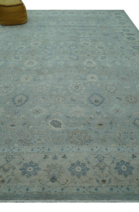 Hand Knotted Silver And Blue Traditional Distressed 10x14 Wool Area Rug