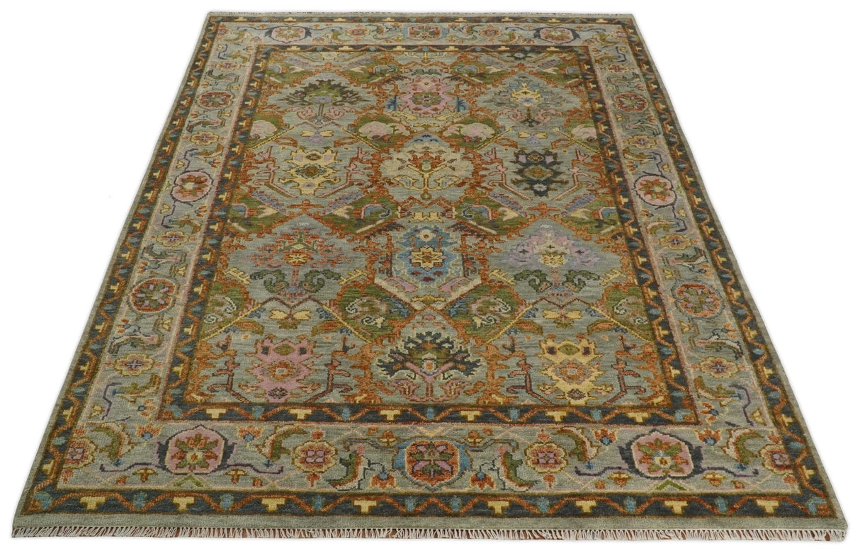 Hand knotted Silver, Rust and Pink Traditional Antique Moss green Oushak Area Rug