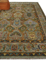Hand knotted Silver, Rust and Pink Traditional Antique Moss green Oushak Area Rug