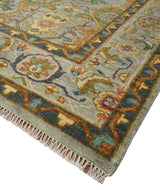 Hand knotted Silver, Rust and Pink Traditional Antique Moss green Oushak Area Rug