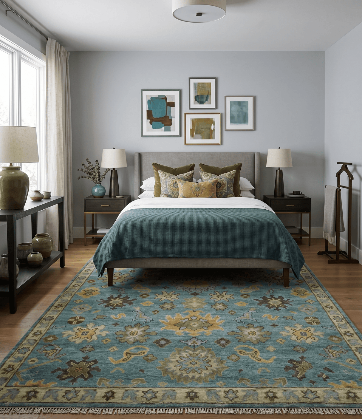 Hand Knotted Teal and Gold Traditional Oushak Multi Size Wool Area Rug