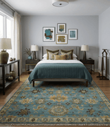 Hand Knotted Teal and Gold Traditional Oushak Multi Size Wool Area Rug
