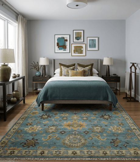 Hand Knotted Teal and Gold Traditional Oushak Multi Size Wool Area Rug