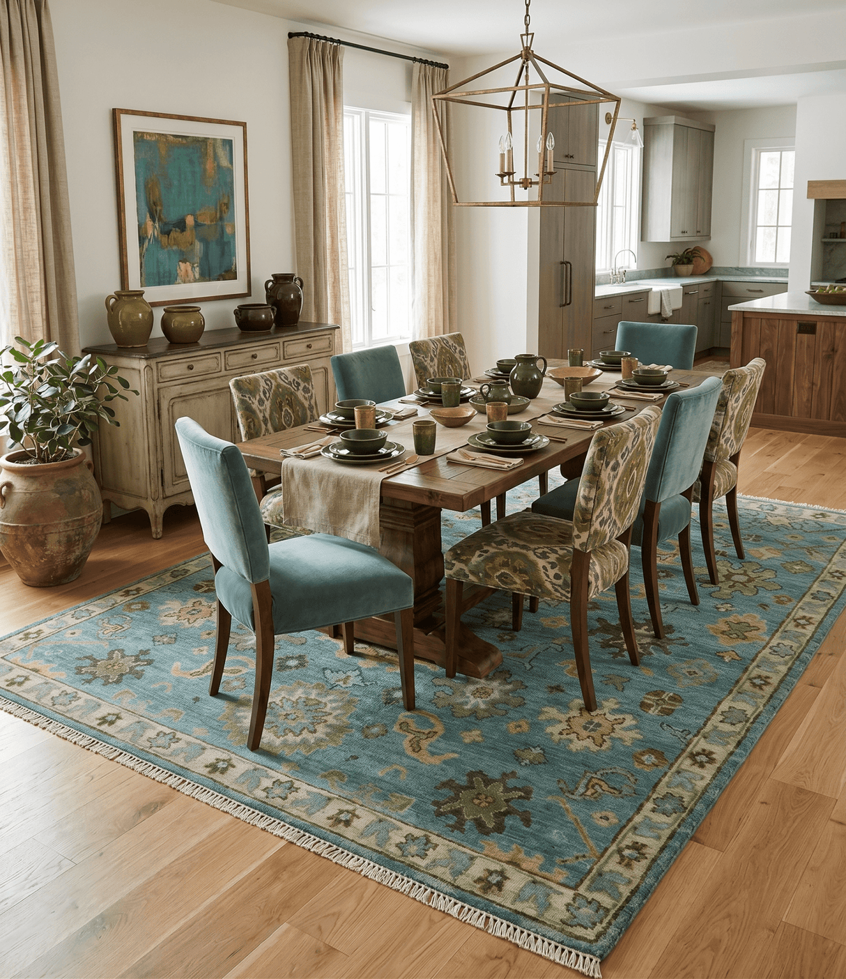 Hand Knotted Teal and Gold Traditional Oushak Multi Size Wool Area Rug