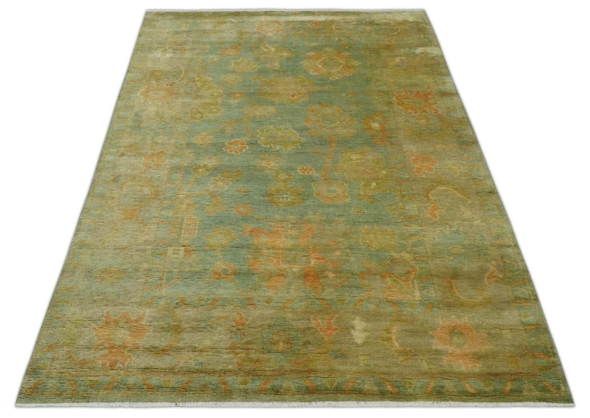 Hand Knotted Teal, Beige and Rust Vintage Style Traditional Wool Area Rug