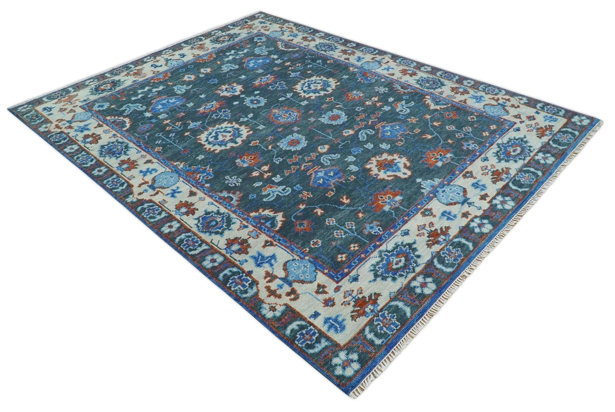 Hand Knotted Teal, Blue and Ivory Traditional Oriental Oushak Wool Area Rug