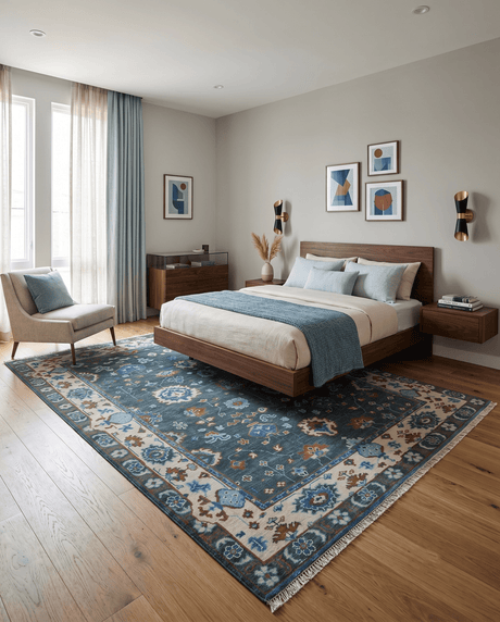 Hand Knotted Teal, Blue and Ivory Traditional Oriental Oushak Wool Area Rug