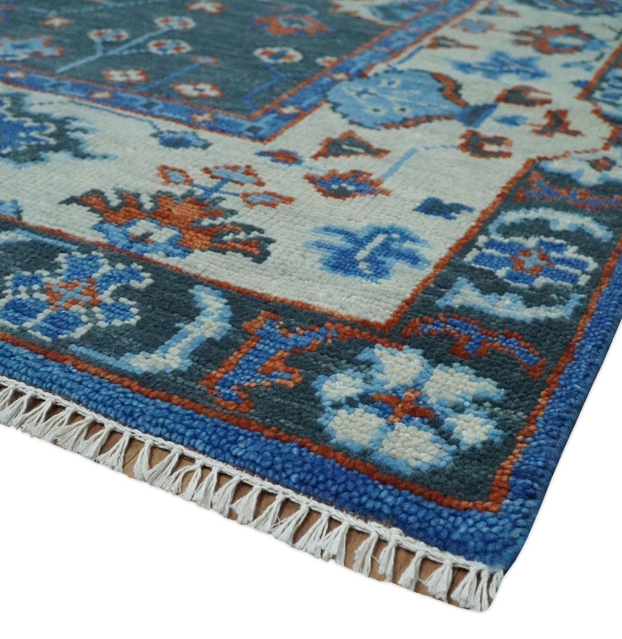 Hand Knotted Teal, Blue and Ivory Traditional Oriental Oushak Wool Area Rug