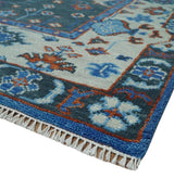 Hand Knotted Teal, Blue and Ivory Traditional Oriental Oushak Wool Area Rug