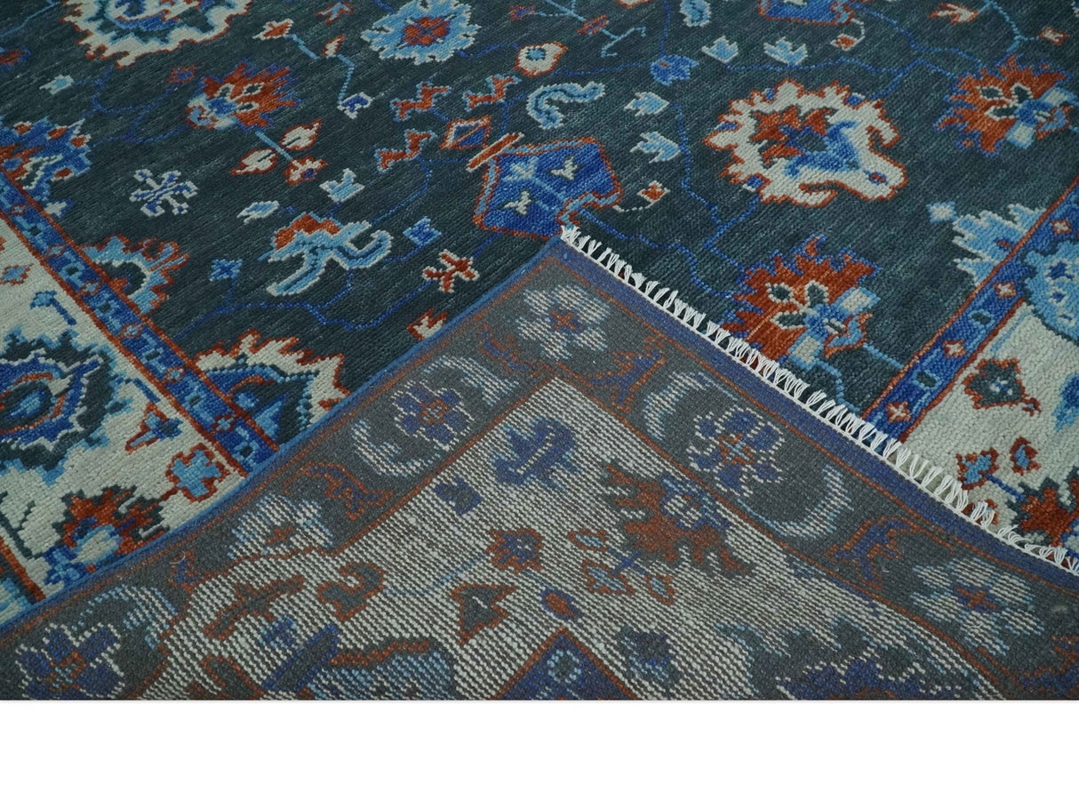 Hand Knotted Teal, Blue and Ivory Traditional Oriental Oushak Wool Area Rug