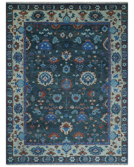 Hand Knotted Teal, Blue and Ivory Traditional Oriental Oushak Wool Area Rug