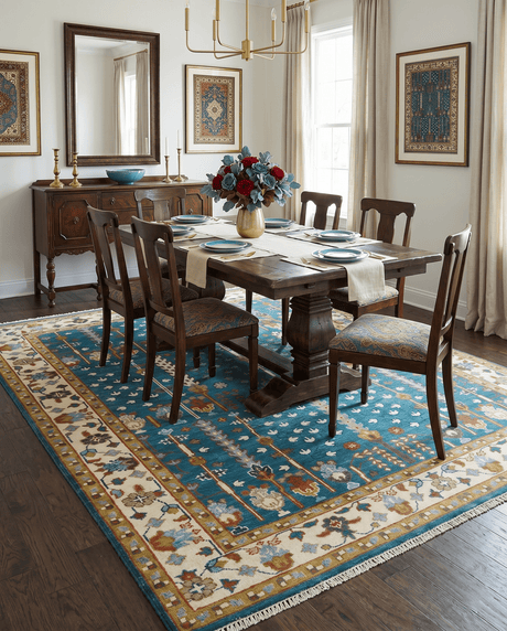 Hand Knotted Teal Blue and Ivory Traditional Vintage Style Multi size Wool Area Rug