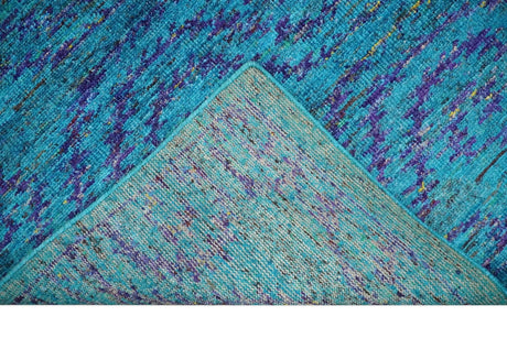 Hand Knotted Teal Blue and Violet Modern Contemporary Southwestern Tribal Trellis Recycled Silk Area Rug