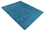 Hand Knotted Teal Blue and Violet Modern Contemporary Southwestern Tribal Trellis Recycled Silk Area Rug