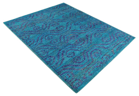 Hand Knotted Teal Blue and Violet Modern Contemporary Southwestern Tribal Trellis Recycled Silk Area Rug