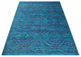 Hand Knotted Teal Blue and Violet Modern Contemporary Southwestern Tribal Trellis Recycled Silk Area Rug