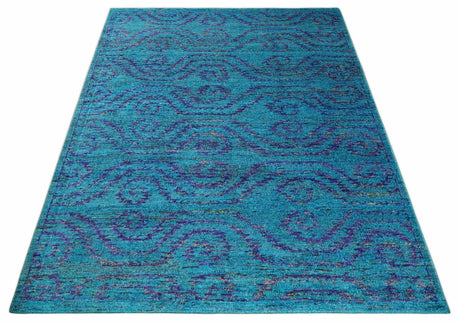 Hand Knotted Teal Blue and Violet Modern Contemporary Southwestern Tribal Trellis Recycled Silk Area Rug
