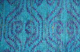 Hand Knotted Teal Blue and Violet Modern Contemporary Southwestern Tribal Trellis Recycled Silk Area Rug
