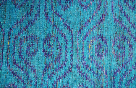 Hand Knotted Teal Blue and Violet Modern Contemporary Southwestern Tribal Trellis Recycled Silk Area Rug