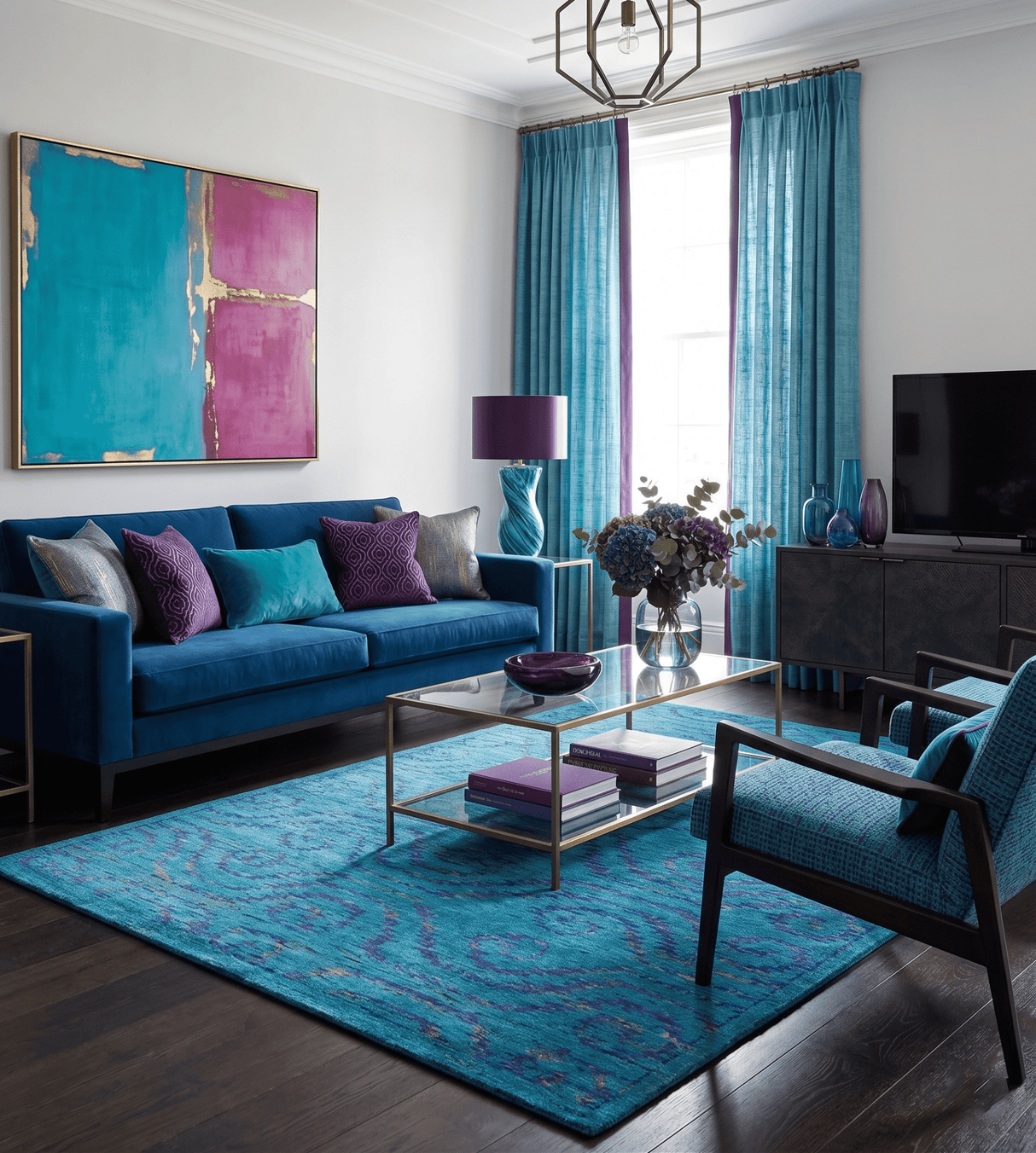 Hand Knotted Teal Blue and Violet Modern Contemporary Southwestern Tribal Trellis Recycled Silk Area Rug