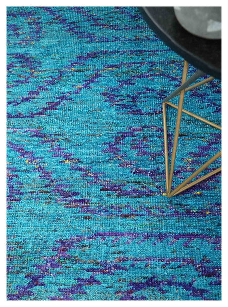 Hand Knotted Teal Blue and Violet Modern Contemporary Southwestern Tribal Trellis Recycled Silk Area Rug