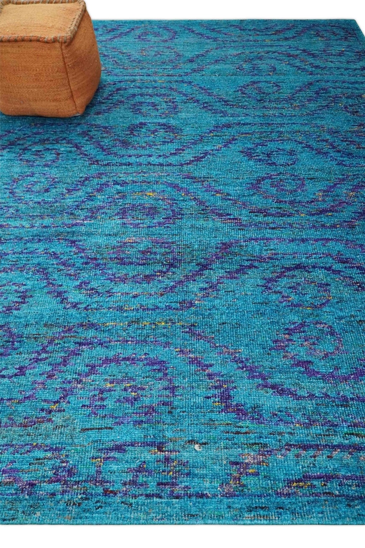 Hand Knotted Teal Blue and Violet Modern Contemporary Southwestern Tribal Trellis Recycled Silk Area Rug