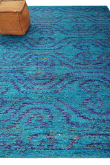 Hand Knotted Teal Blue and Violet Modern Contemporary Southwestern Tribal Trellis Recycled Silk Area Rug