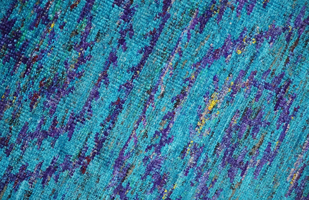 Hand Knotted Teal Blue and Violet Modern Contemporary Southwestern Tribal Trellis Recycled Silk Area Rug