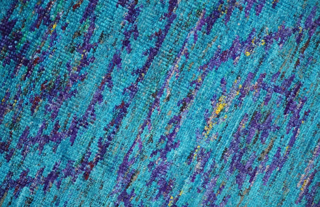 Hand Knotted Teal Blue and Violet Modern Contemporary Southwestern Tribal Trellis Recycled Silk Area Rug
