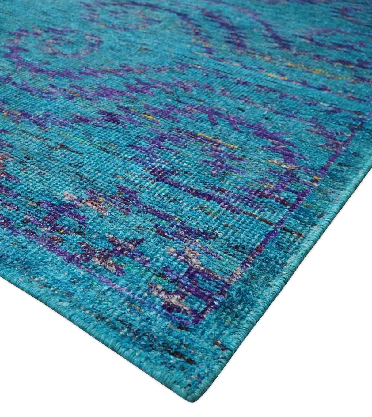 Hand Knotted Teal Blue and Violet Modern Contemporary Southwestern Tribal Trellis Recycled Silk Area Rug