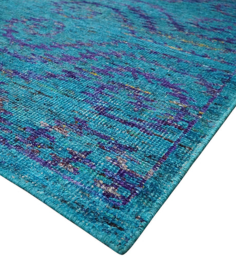 Hand Knotted Teal Blue and Violet Modern Contemporary Southwestern Tribal Trellis Recycled Silk Area Rug