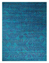 Hand Knotted Teal Blue and Violet Modern Contemporary Southwestern Tribal Trellis Recycled Silk Area Rug