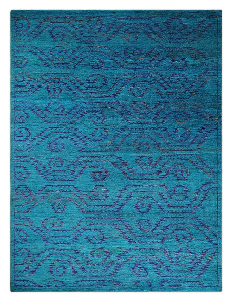 Hand Knotted Teal Blue and Violet Modern Contemporary Southwestern Tribal Trellis Recycled Silk Area Rug