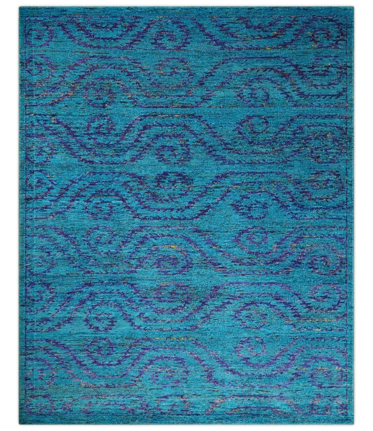 Hand Knotted Teal Blue and Violet Modern Contemporary Southwestern Tribal Trellis Recycled Silk Area Rug