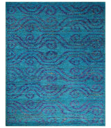 Hand Knotted Teal Blue and Violet Modern Contemporary Southwestern Tribal Trellis Recycled Silk Area Rug