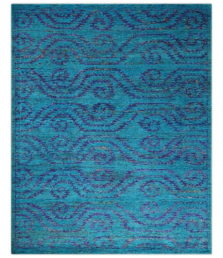 Hand Knotted Teal Blue and Violet Modern Contemporary Southwestern Tribal Trellis Recycled Silk Area Rug