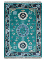 Hand knotted Teal Traditional Khotan Design 4x6 Wool Area Rug