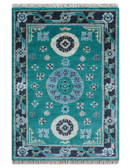 Hand knotted Teal Traditional Khotan Design 4x6 Wool Area Rug