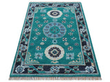 Hand knotted Teal Traditional Khotan Design 4x6 Wool Area Rug