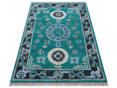 Hand knotted Teal Traditional Khotan Design 4x6 Wool Area Rug