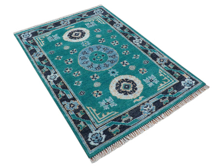 Hand knotted Teal Traditional Khotan Design 4x6 Wool Area Rug