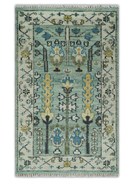 Hand Knotted Traditional Aqua and Ivory Antique Oushak Custom Made Wool Area Rug
