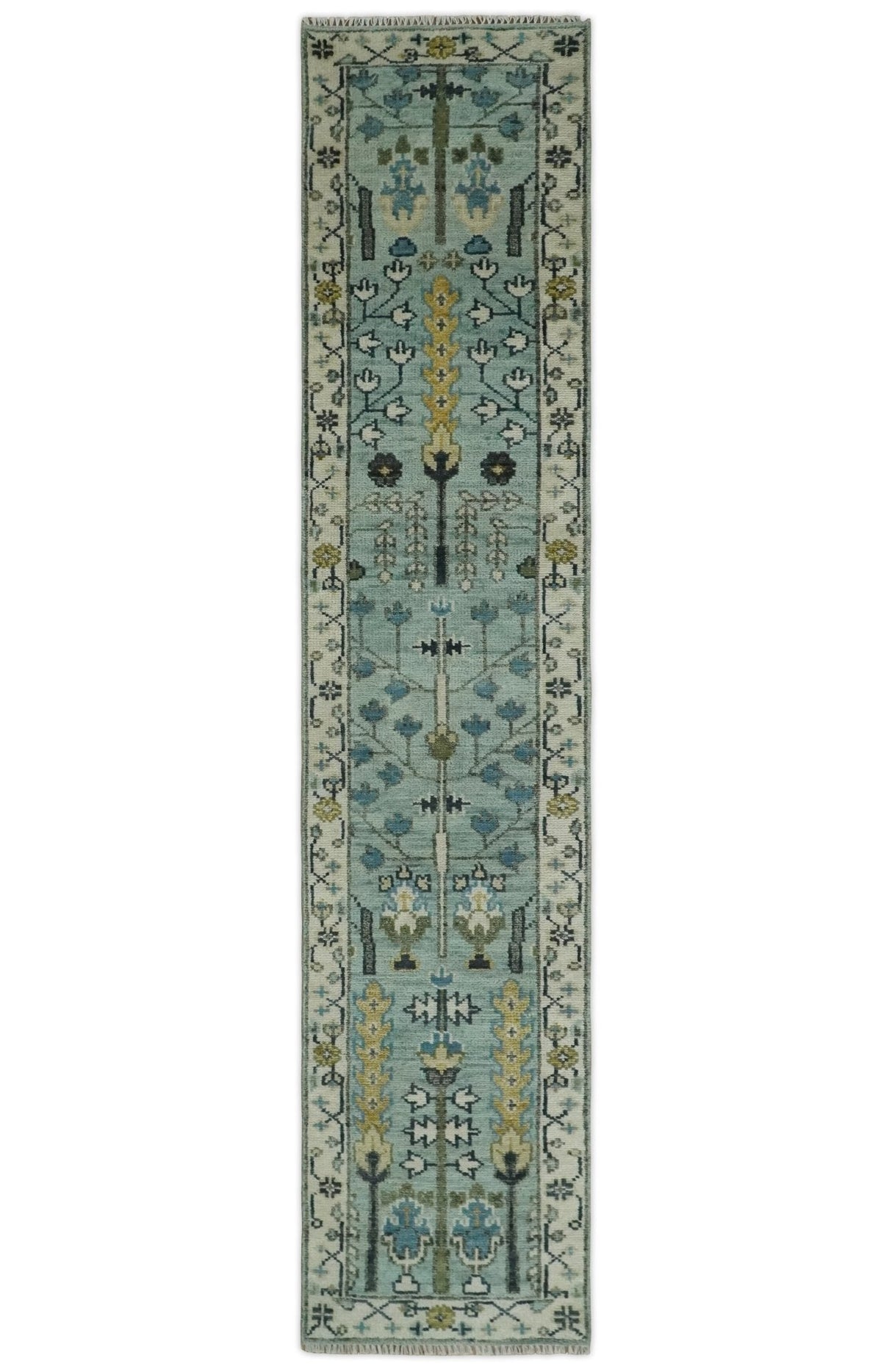 Hand Knotted Traditional Aqua and Ivory Antique Oushak Custom Made Wool Area Rug